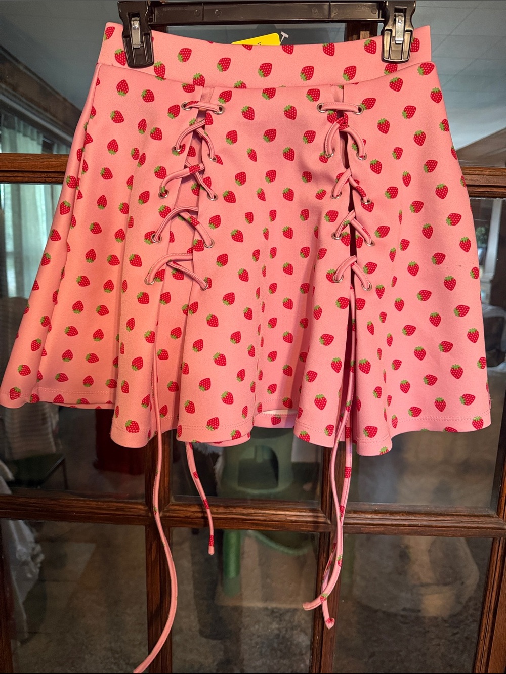 Hot Topic Pink Strawberry-Print Lace-Up Skater Skirt